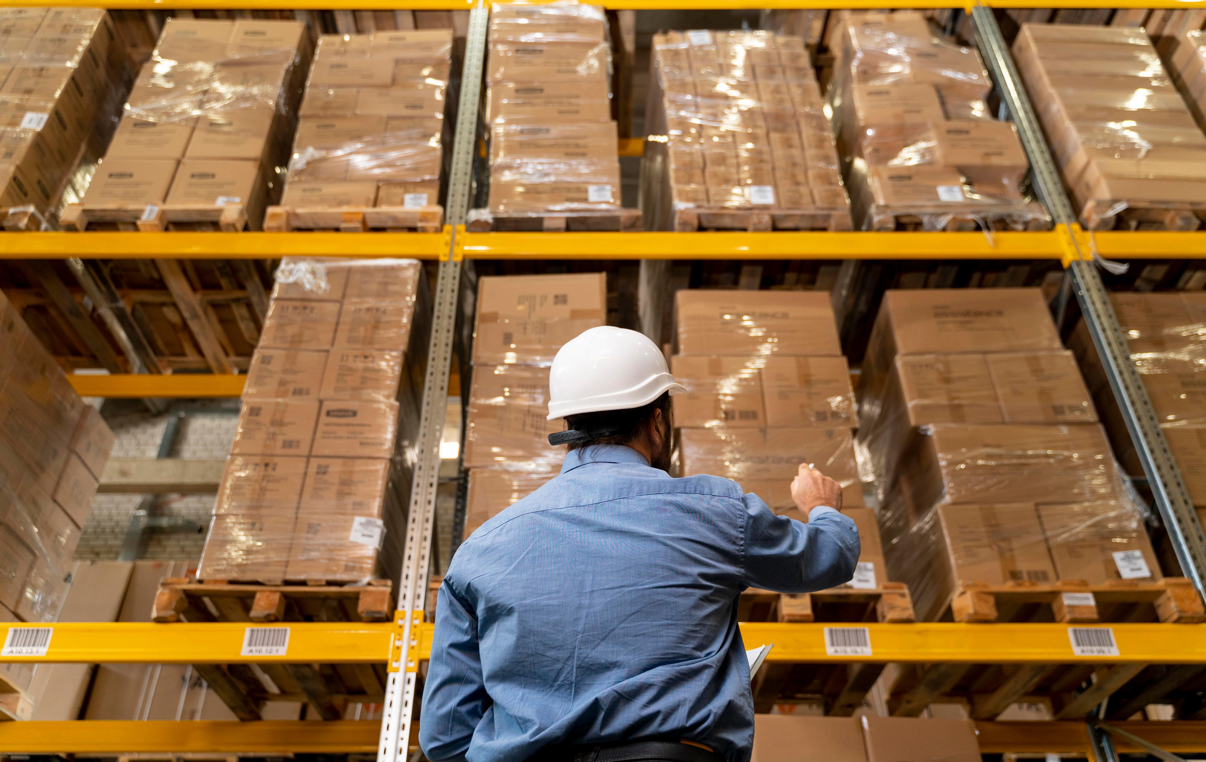 Man with helmet working in a warehouse